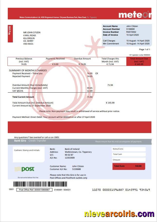 Ireland Meteor utility bill